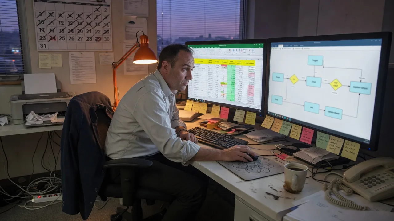 Empleado en una oficina real revisando hojas de cálculo y un flujo de automatización de noche